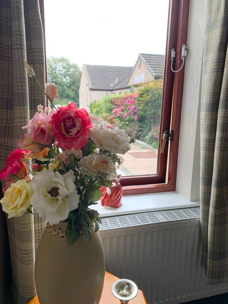 bedroom flowers by window sill